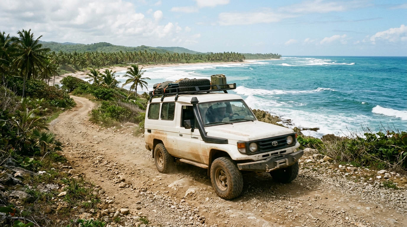 Vehículo 4x4 recorriendo camino costero con vista al mar en Playa Esmeralda Miches República Dominicana