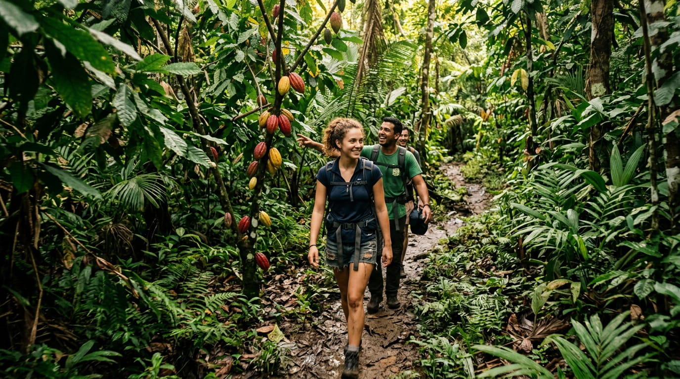 Travelers hiking along a trail in a cacao forest near Río Cedro in Miches Dominican Republic