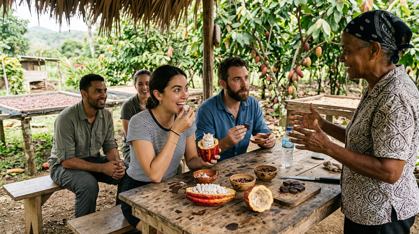 Personas degustando cacao y chocolate artesanal en finca de cacao en Miches República Dominicana