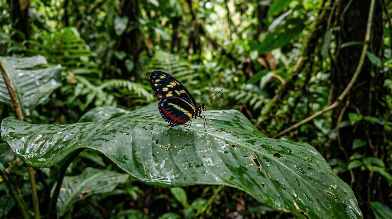 Mariposa tropical posada sobre hoja húmeda en bosque del Río Cedro cerca de Playa Esmeralda República Dominicana