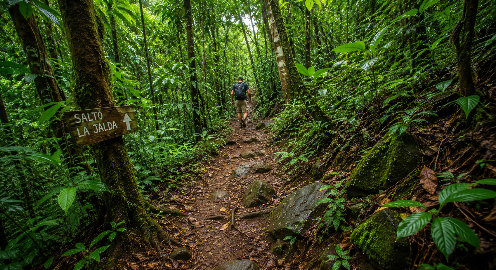 Sendero tropical rodeado de selva en la ruta hacia el Salto La Jalda en Miches.