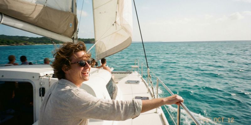 Man smiling on catamaran sailing in Playa Esmeralda Dominican Republic