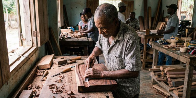 Detalle de proceso de tallado en madera en Miches