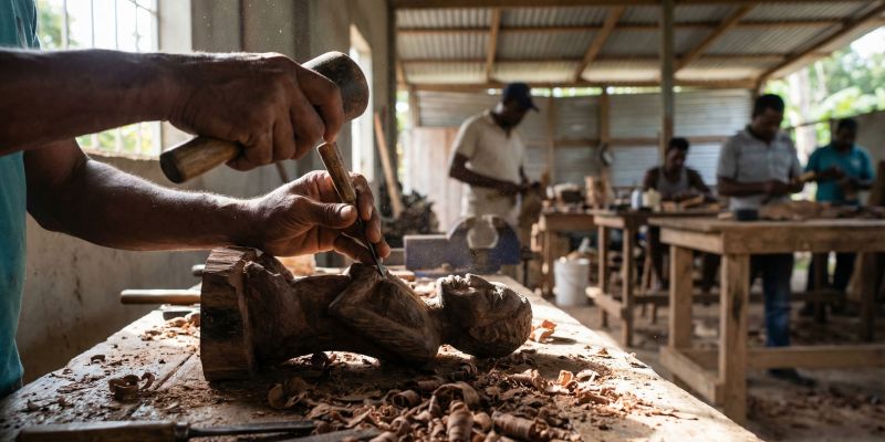 Detalle de proceso de tallado en madera en Miches