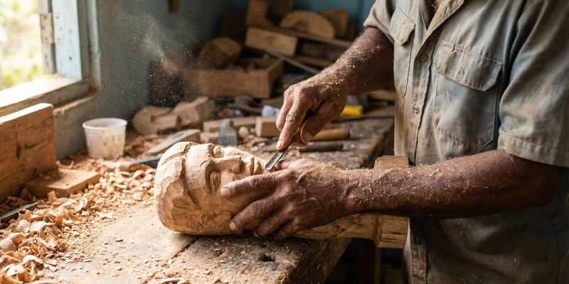 Manos trabajando pieza artesanal de madera en Miches