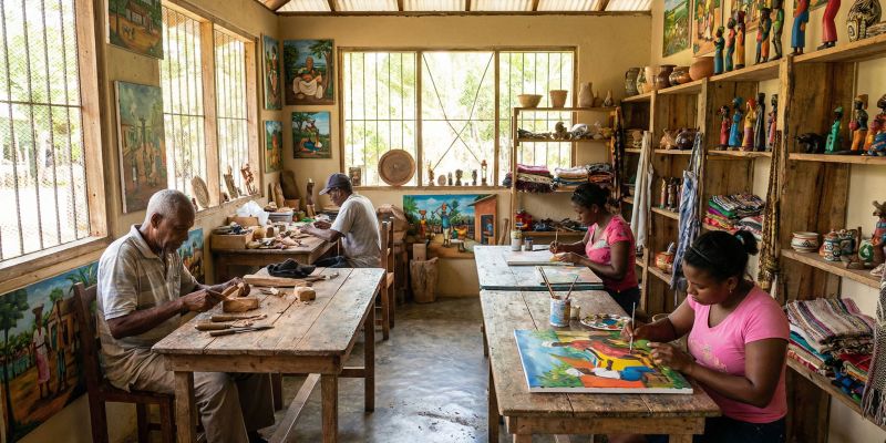 Interior del Centro Artesanal Comunitario de Miches con artesanos trabajando