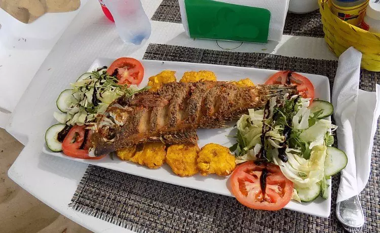 Pescado frito servido con tostones de plátano y ensalada fresca, plato típico de la gastronomía caribeña en Playa Esmeralda.